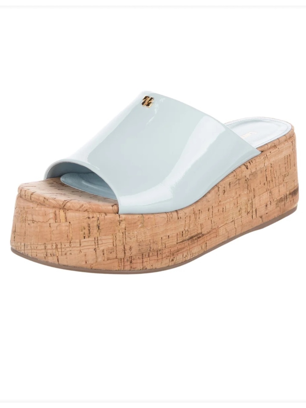 Larroude Charlie Mule in Maya Leather Ligh Blue Cork Slip